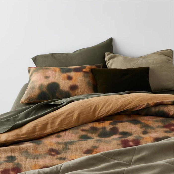 New Natural European Flax Certified Oversized Floral Ocher Tan/Burnt Green Standard Bed Pillow Sham