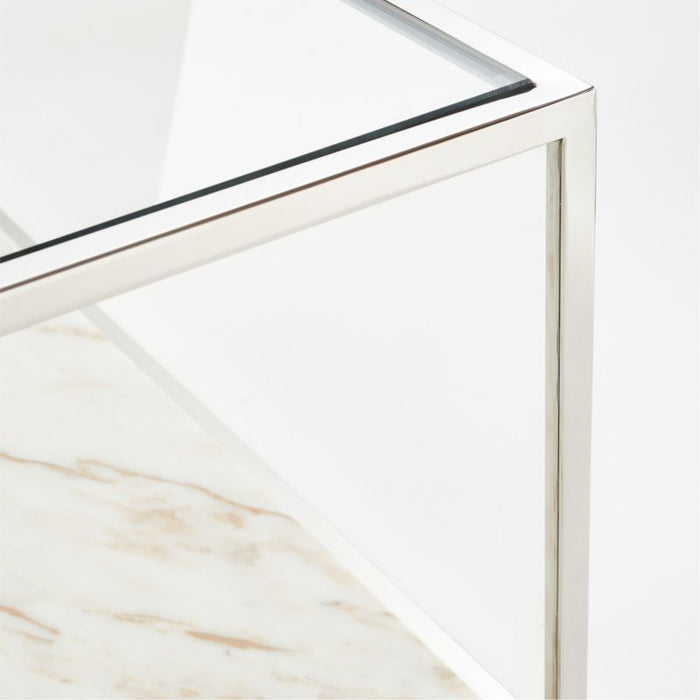 Modernist Metal and Glass 44" Square Display Coffee Table with Marble Shelf