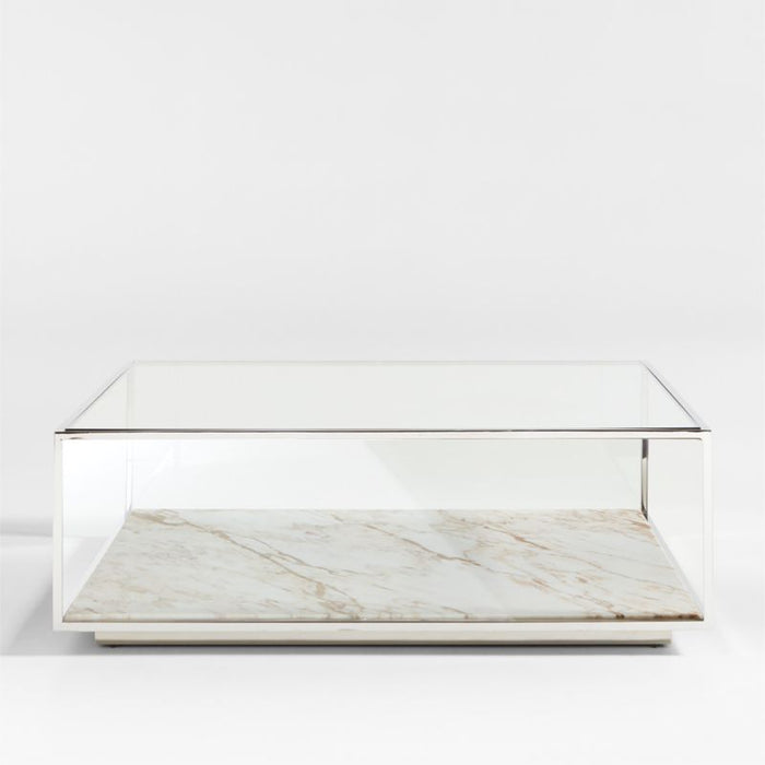 Modernist Metal and Glass 44" Square Display Coffee Table with Marble Shelf