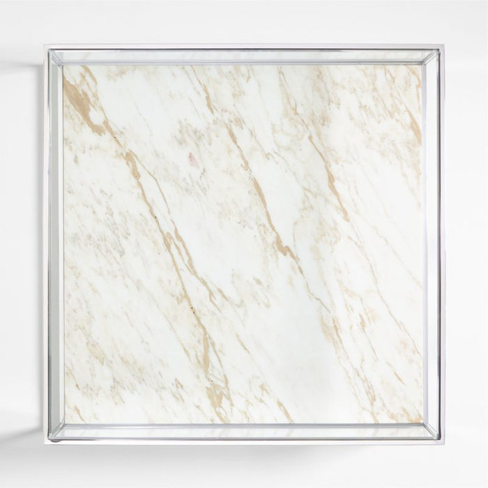 Modernist Metal and Glass 44" Square Display Coffee Table with Marble Shelf