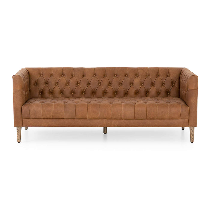 Rollins Natural Washed Camel Leather Button Tufted Sofa