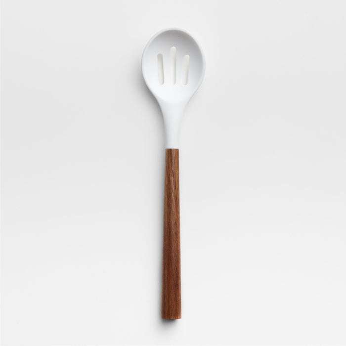 White Silicone Slotted Spoon with Acacia Wood Handle