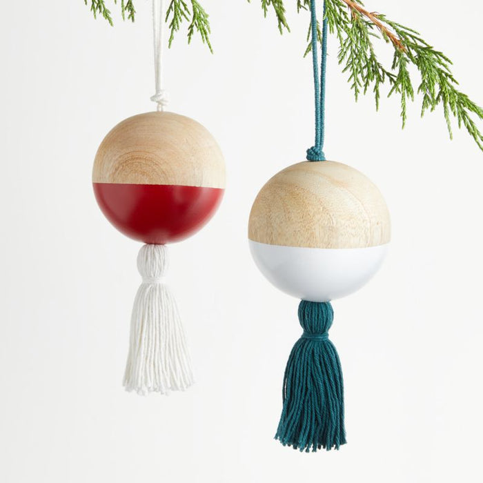 Wood Ball with Green Tassel Christmas Ornament