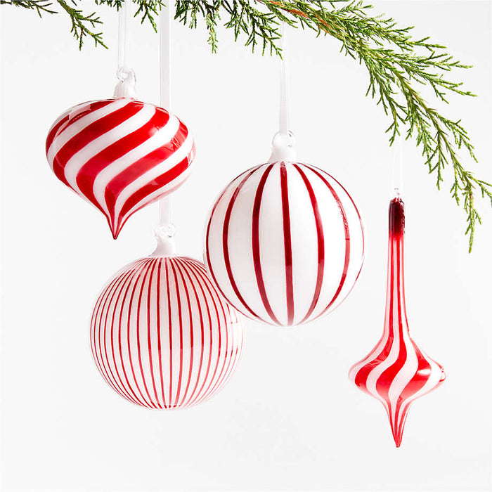 Red and White Thin Striped Glass Ball Christmas Tree Ornament