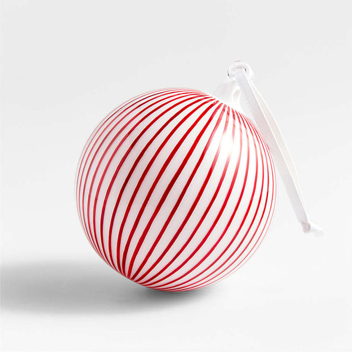 Red and White Thin Striped Glass Ball Christmas Tree Ornament