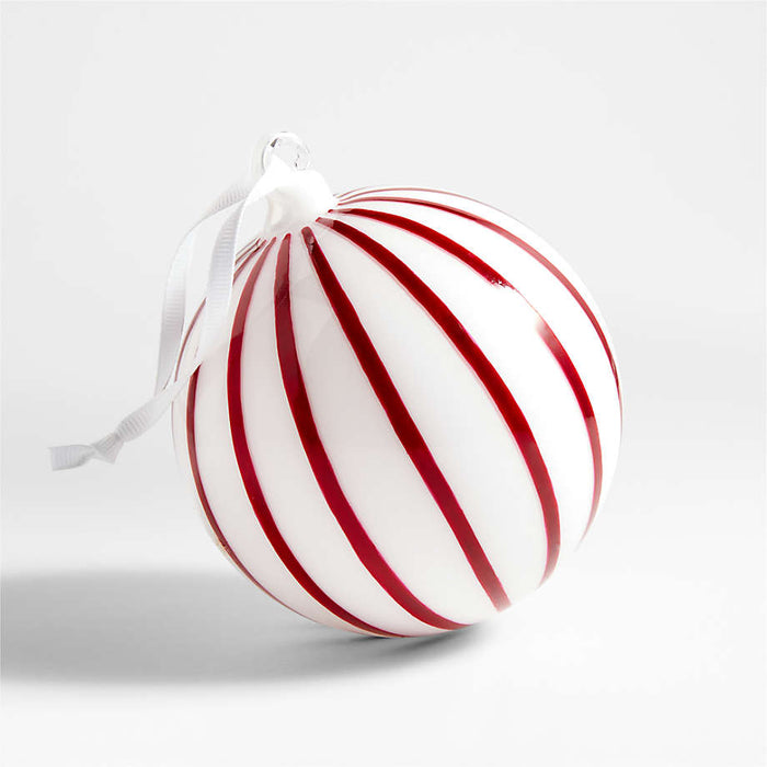 Red and White Wide Striped Glass Ball Christmas Tree Ornament